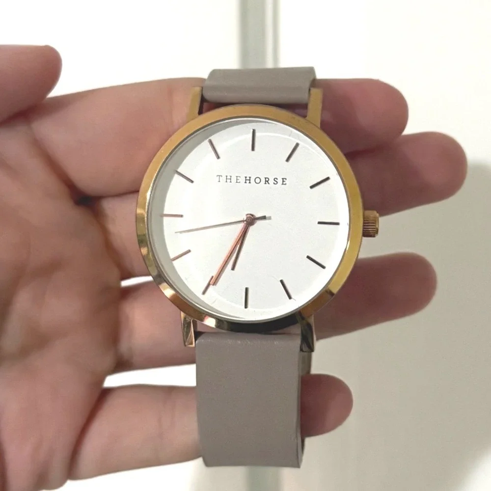The Horse Original Rose Gold White Dial Grey Leather Strap Watch Minimalist